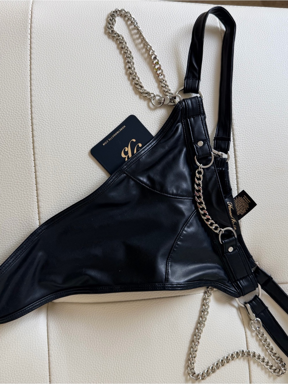 NWT Honey Birdette Black Faux Leather Chain Accent Thong